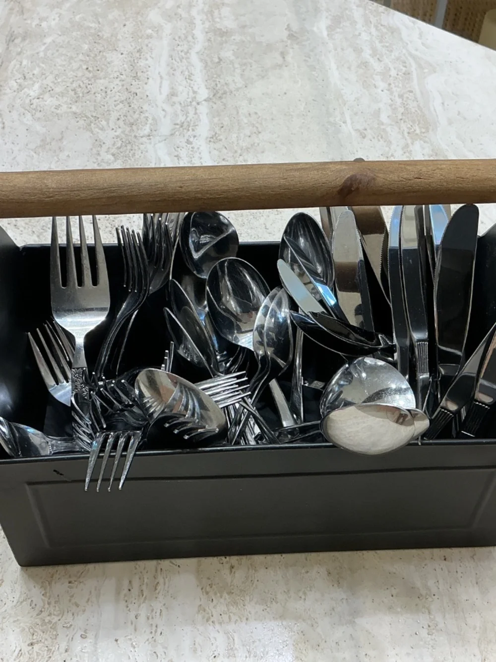 Black Metal Utility Storage Caddy With Wooden Cylinder Handle